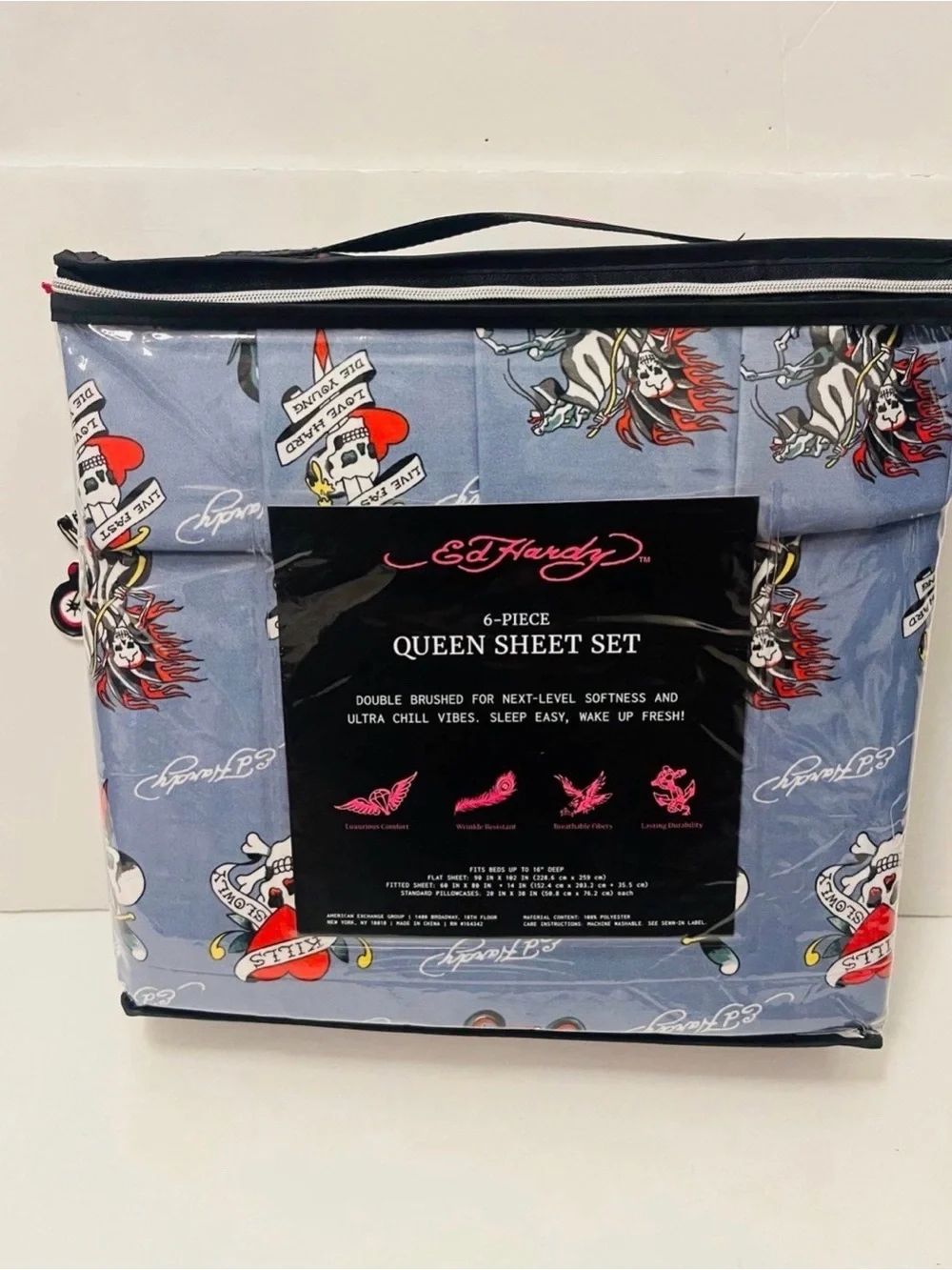 Ed Hardy Blue 6 Piece Queen Size Sheet Set Motorcycles Skulls Love Kills Slowly